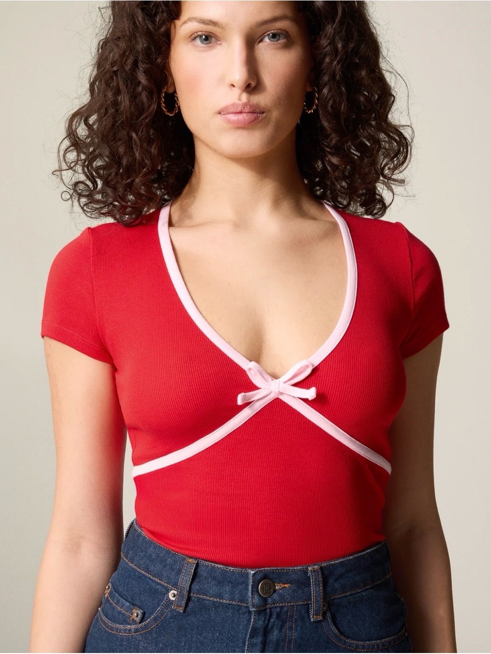 Rouje Karene Red Ribbed Top with Pink Trim